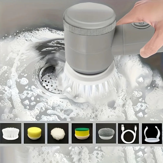 Handheld Electric cleaning brush with various attachments being used in a sink.
