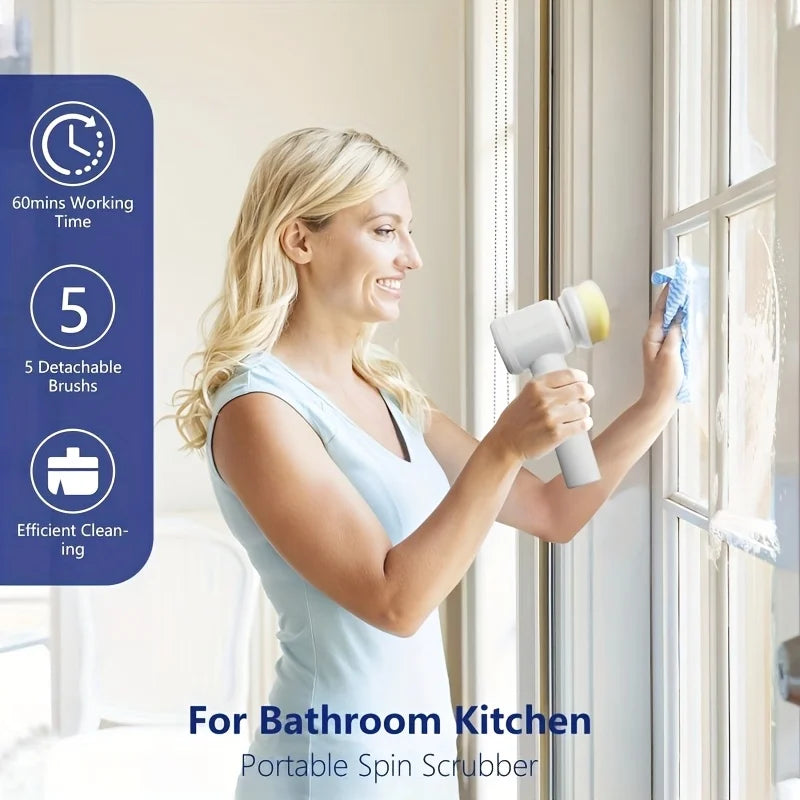 Woman cleaning a window with a portable electric power spin scrubber, with product features displayed on the left.